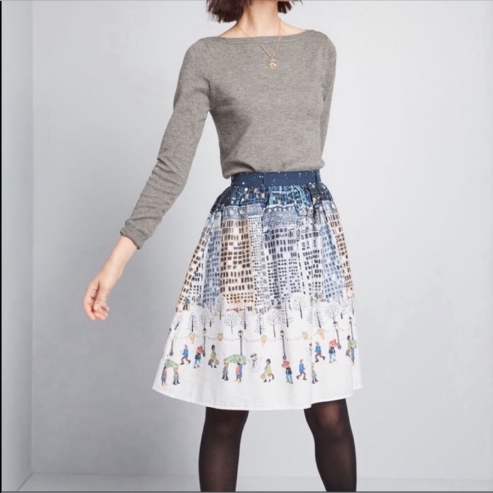 Modcloth Blue and White Cityscape Midi Skirt